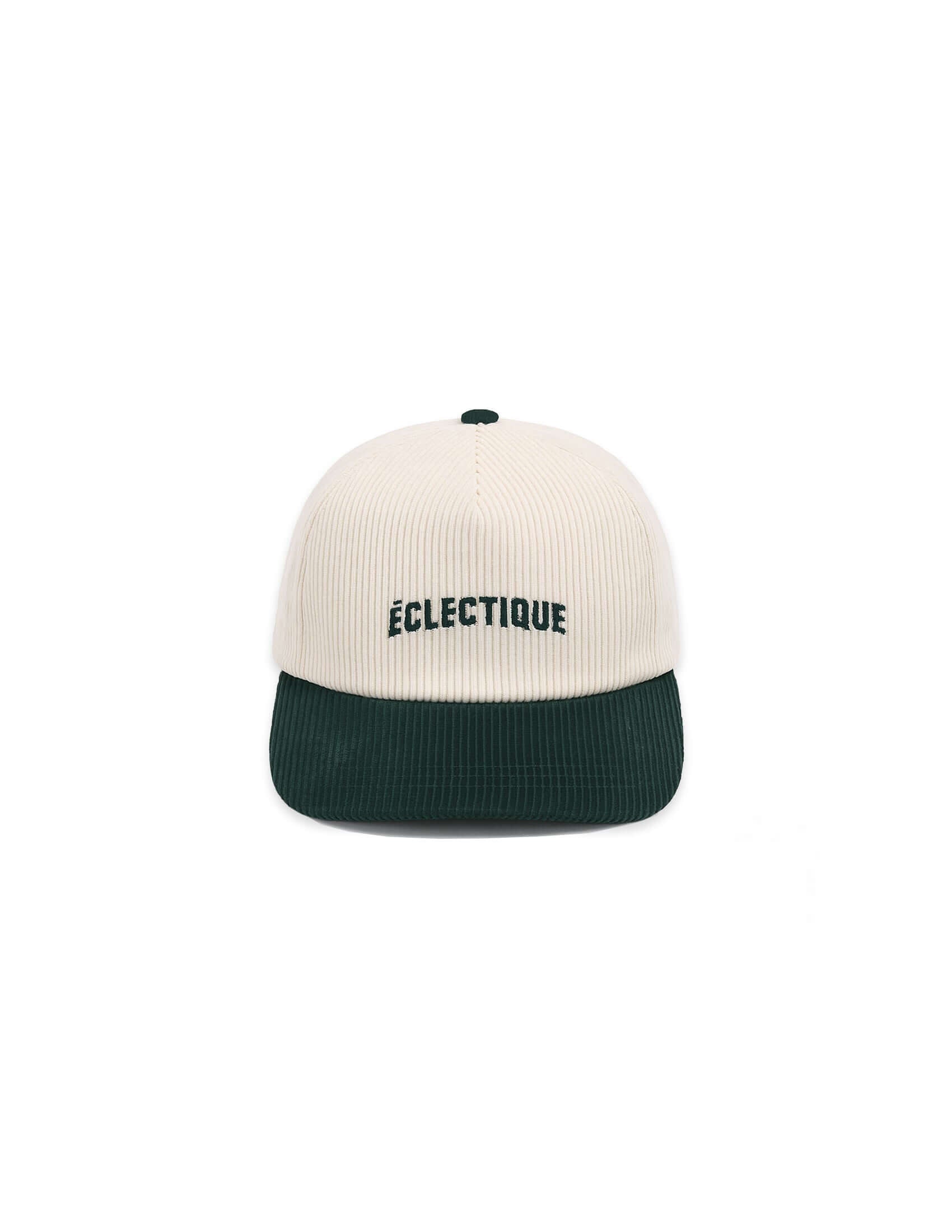 Two tone snapback hat in green and natural with ÉCLÉCTIQUE logo embroidery.