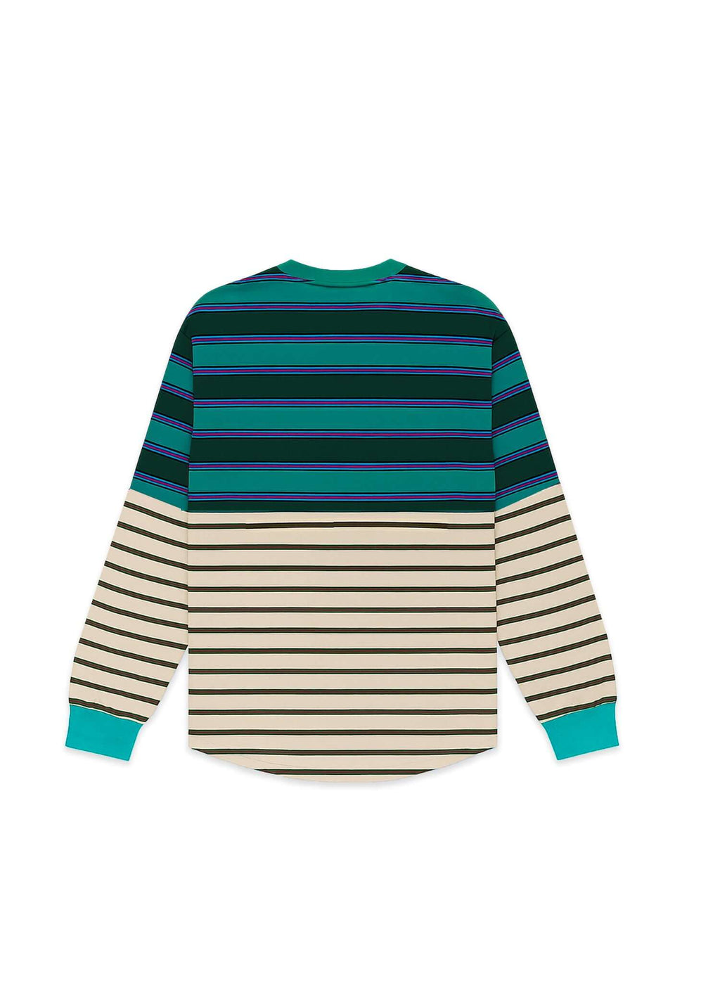 Back view of Twofold Drift Long Sleeve T-shirt featuring colorful horizontal stripes.