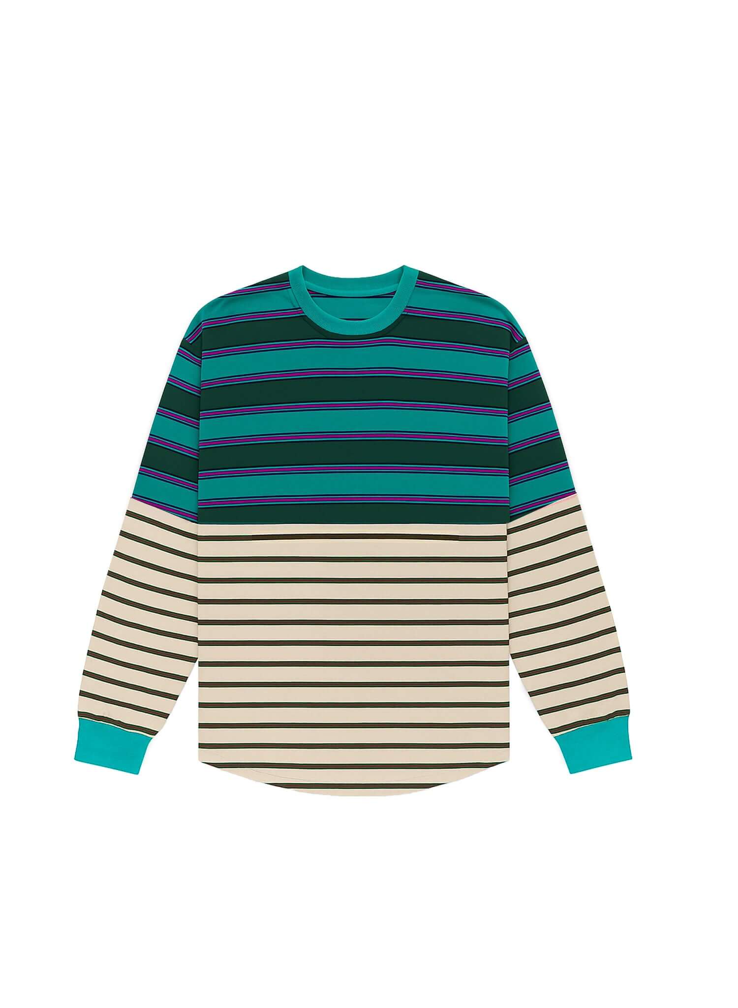 Stylish Twofold Drift long sleeve t-shirt with colorful striped design in teal and beige.