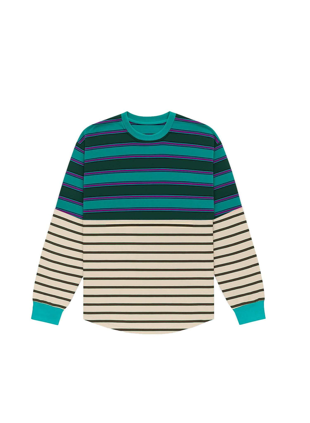 Stylish Twofold Drift long sleeve t-shirt with colorful striped design in teal and beige.