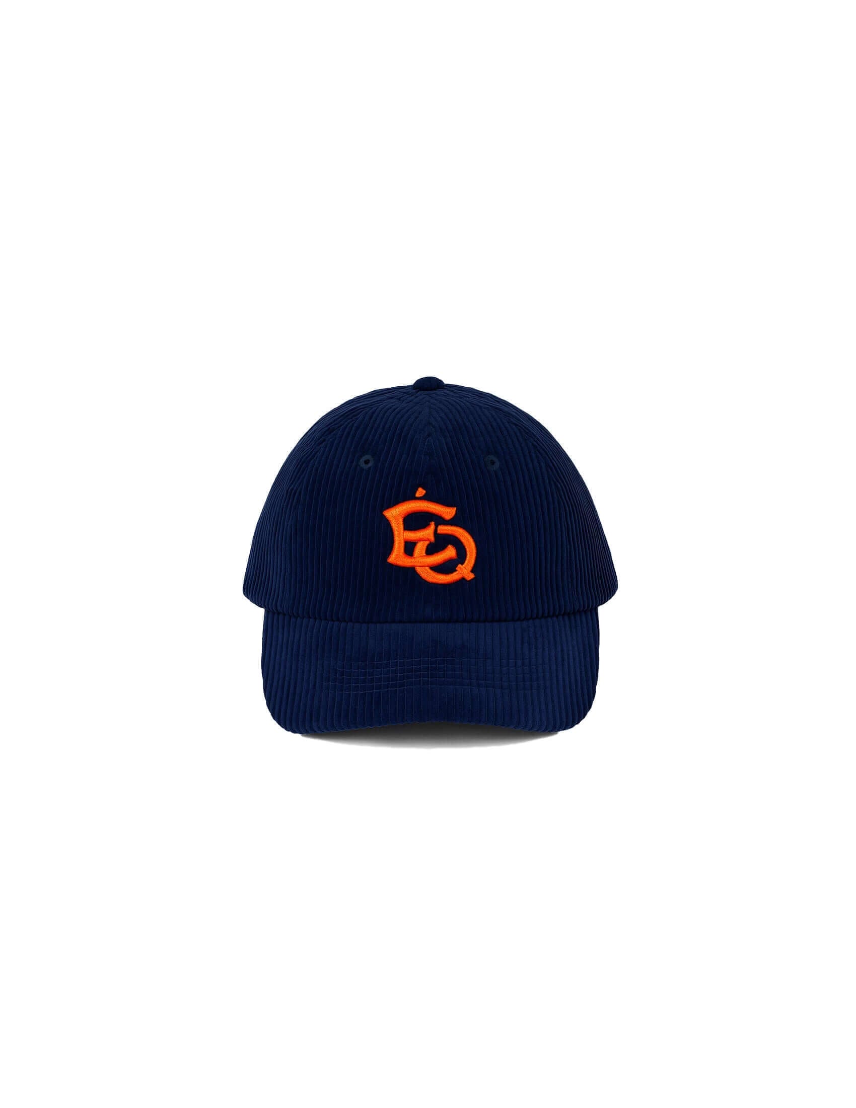 Vintage corduroy dad hat in navy blue with orange logo, showcasing a relaxed Manhattan style for casual wear.