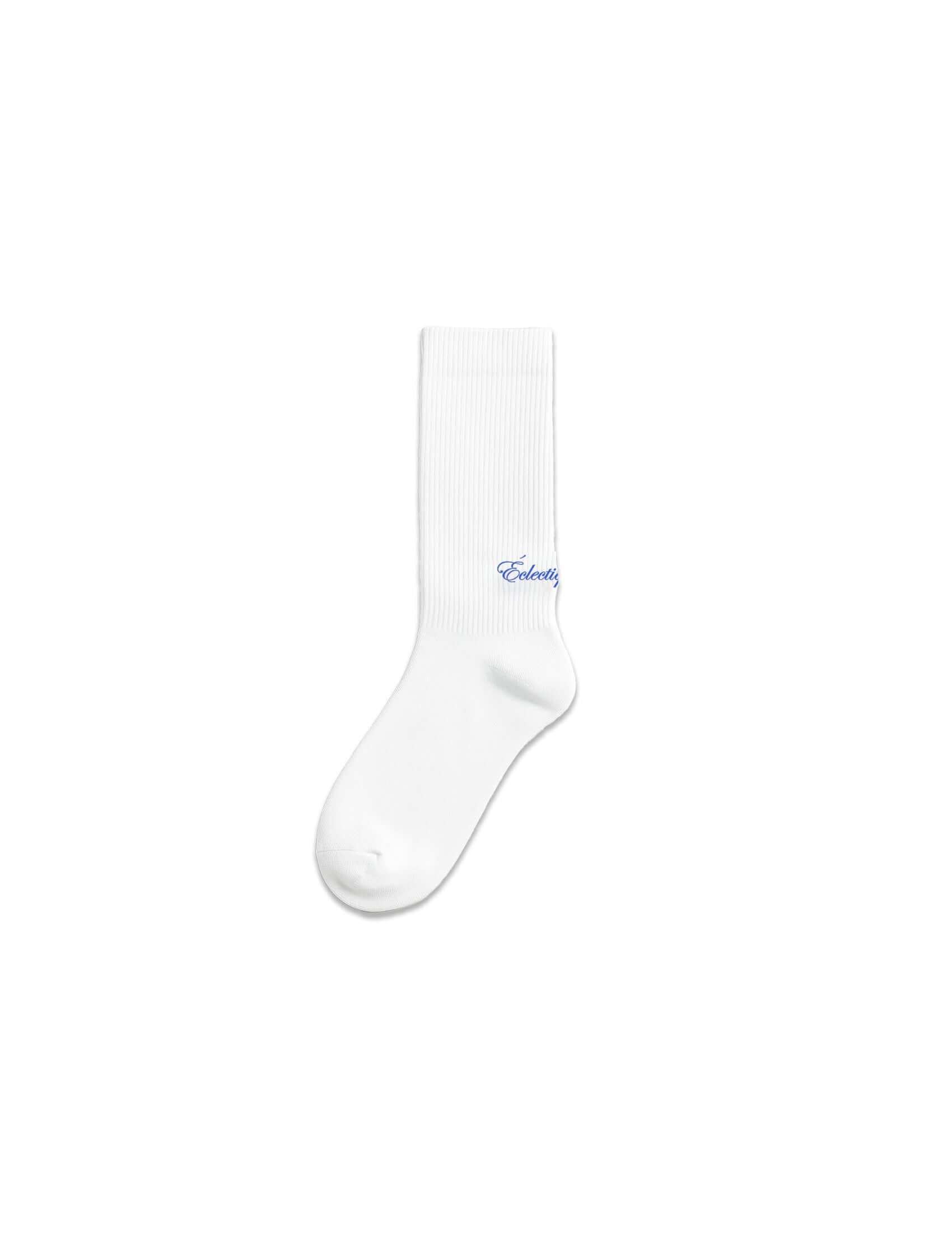 White logo socks featuring Éclectique's blue script logo, perfect for modern luxury and everyday comfort.