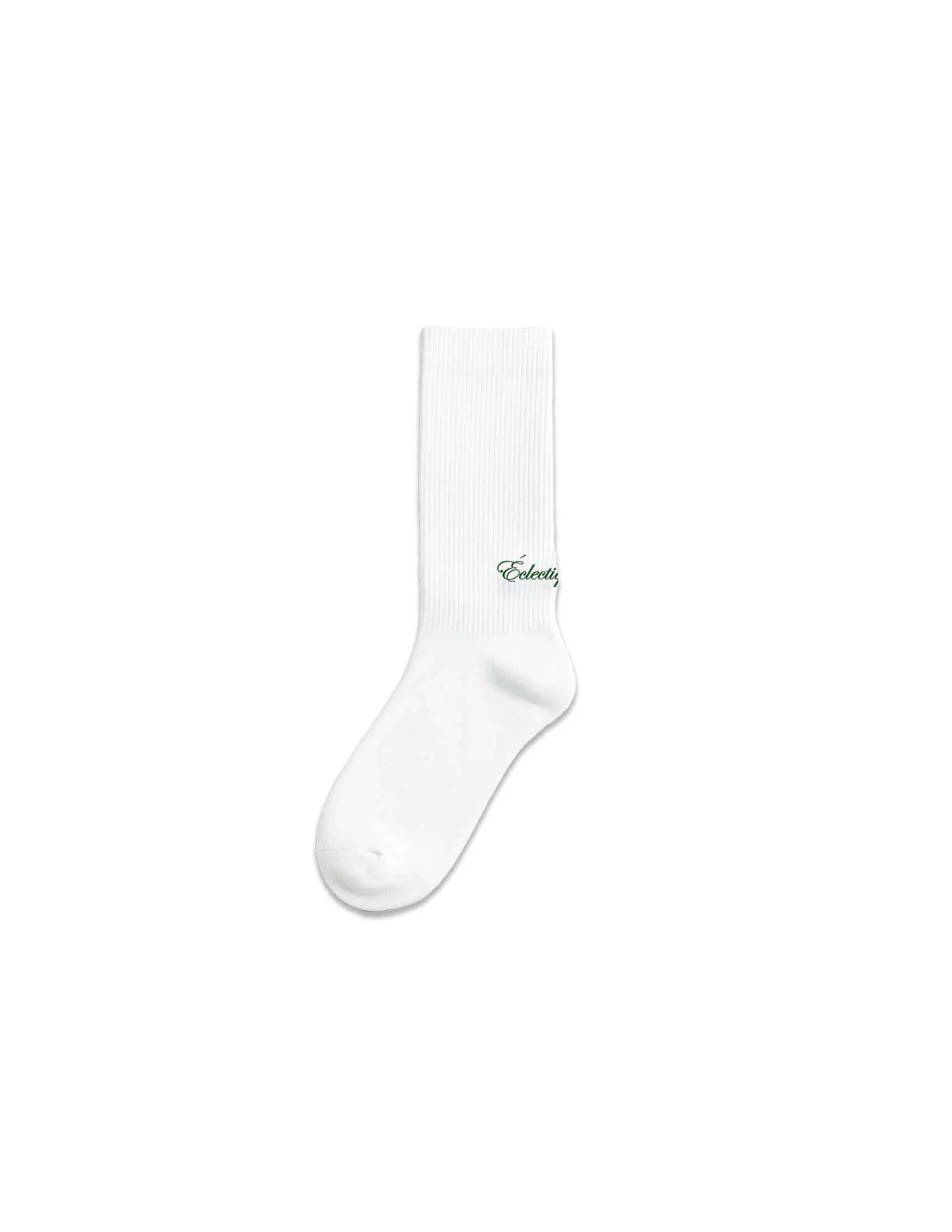 White Logo Socks with green script logo featuring a white base and green script logo on the side.