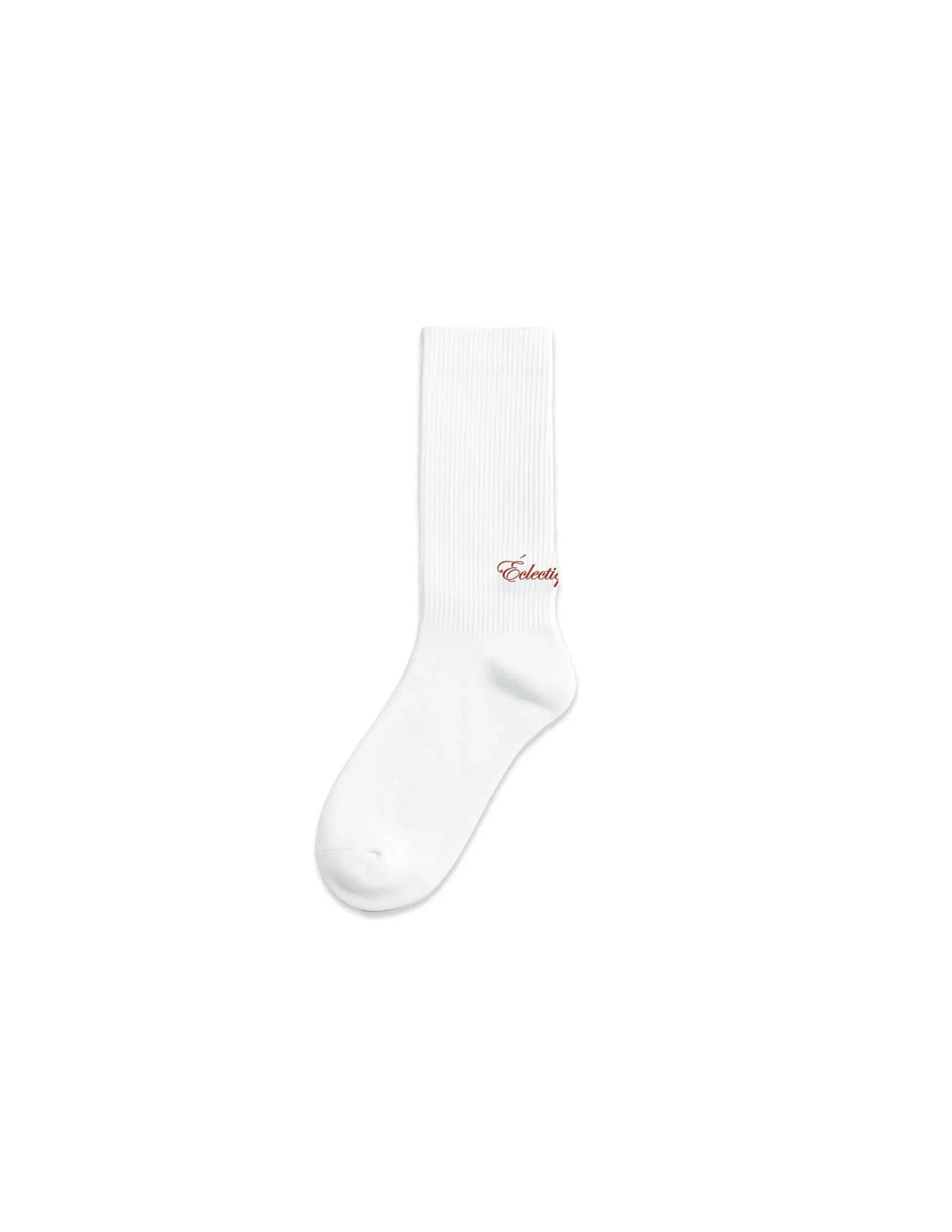 White logo socks featuring a signature red script logo, crafted for modern luxury and everyday comfort.