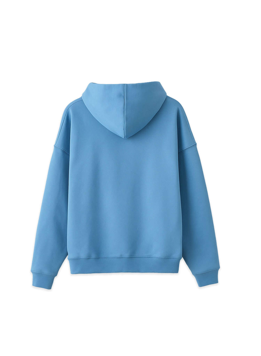 Back view of lightweight terry hoodie in blue color, showcasing the relaxed fit and cozy design.