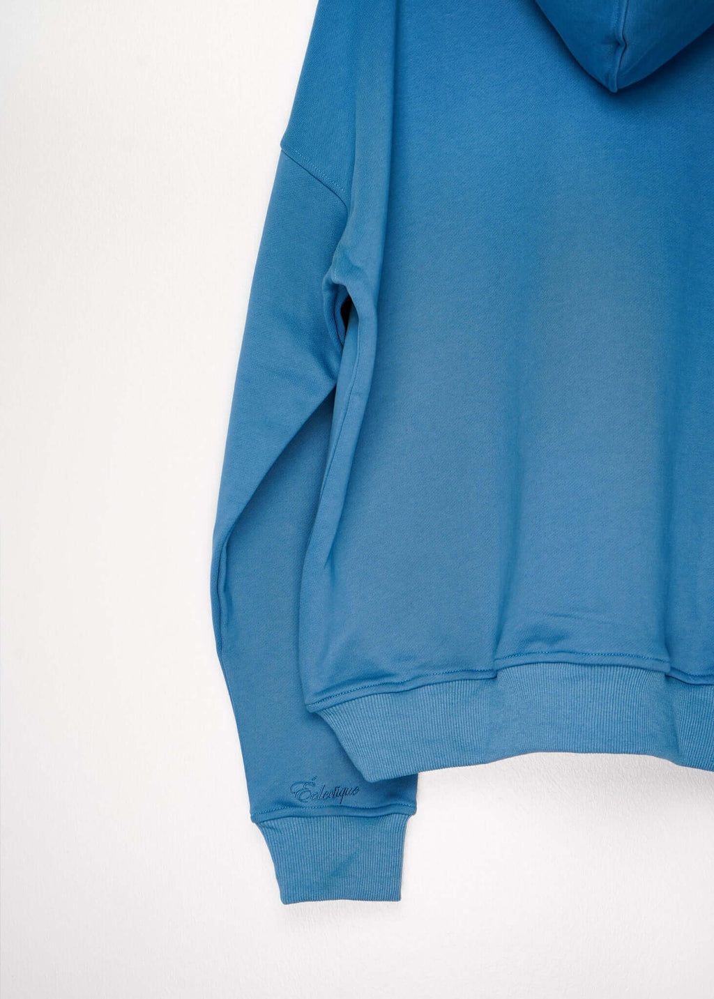 Lightweight terry hoodie in blue color showcasing relaxed fit and subtle embroidered detail.